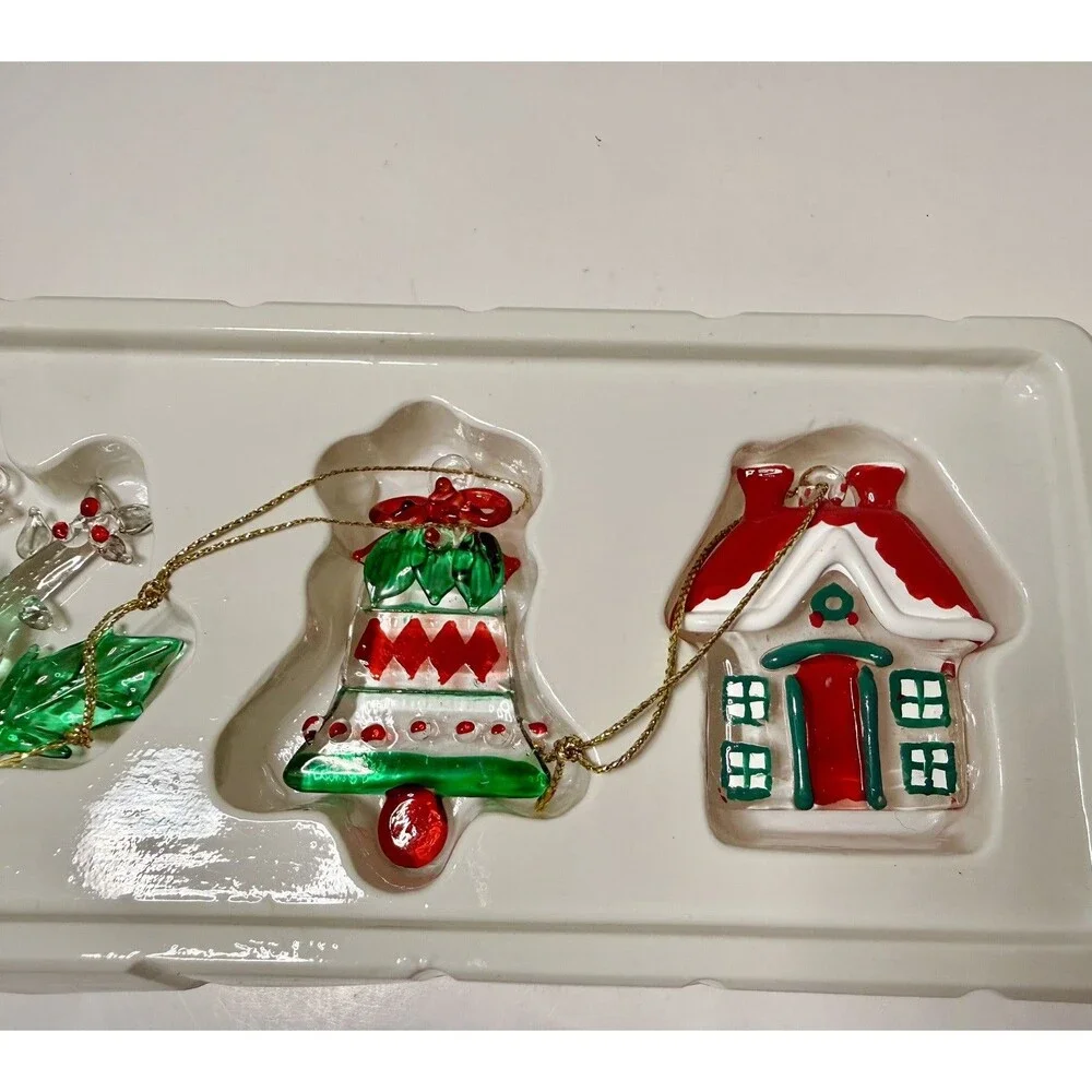 Pfaltzgraff Winterberry Glass Christmas Ornaments Bell Cottage Holly w/ Box 2000